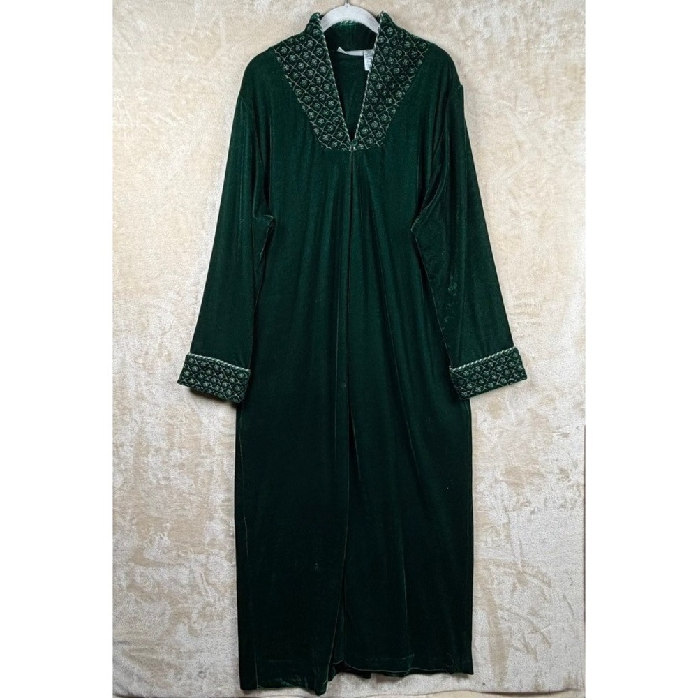 Adonna Emerald Green Velvet Zip Front Robe Quilted Embroidery Green Large Luxe